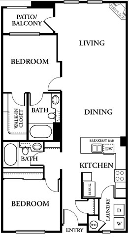 Floor plan for 2 beds, 2 baths, 1182 sqft